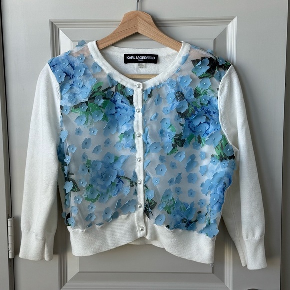 Karl Lagerfeld Paris 3/4 Sleeve Periwinkle Floral Appliqué Faux Pearl Cardigan L - Picture 1 of 9